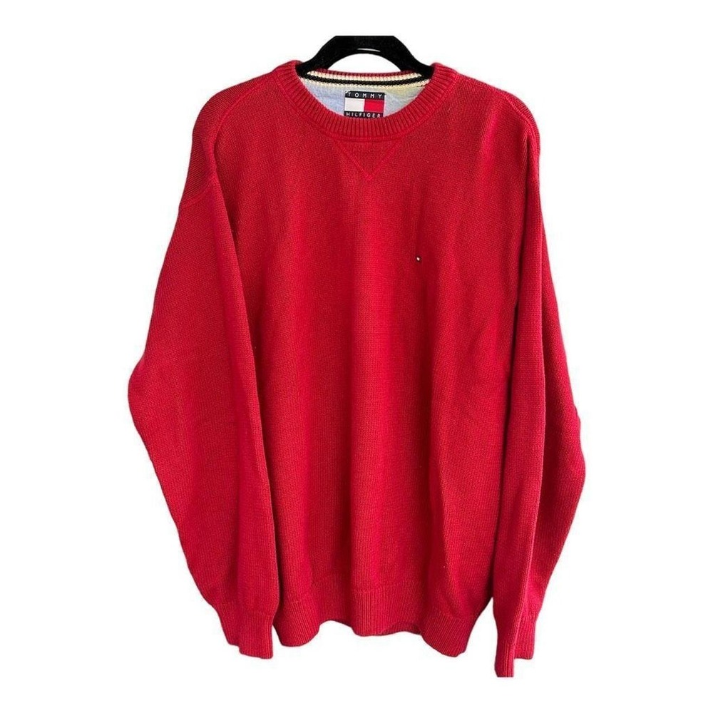 Tommy Hilfiger Mens Red Cotton Knit Crewneck Sweater Large Flag Logo Pullover